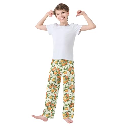 Orange Florals Boys Long Pants Soft Trousers Elastic Waist Kids Lounge Bottoms with Pockets S-XL2