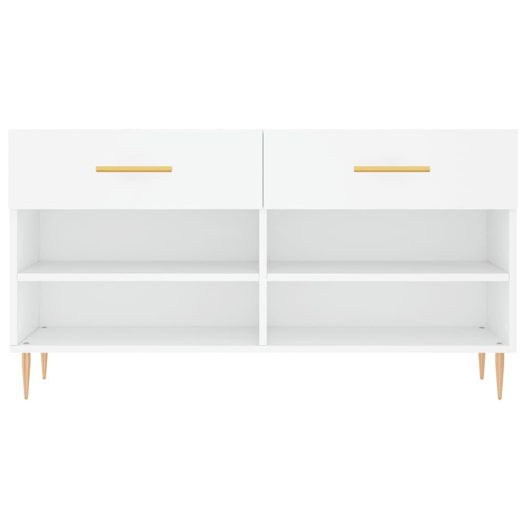 Banc a Chaussures Blanc Bois Composite 102x35x55 cm 2 Tiroirs 4 Etageres