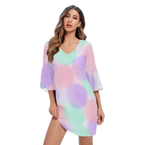 Kurzes Chiffon-Kleid mit Pastell-Farbverläufen, Aquarell, 3/4-Ärmel, Linien-Kleid, Pastellfarbene Farbverläufe, Groß