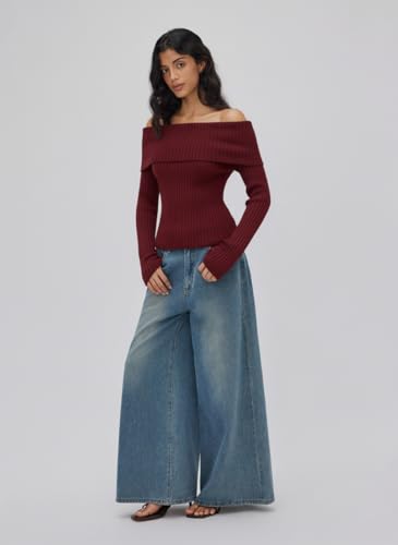 Image of CIDER Off The Shoulder Tops for Women Long Sleeve Going Out Y2K Tops Knit Pullover Fall Outfits Trendy