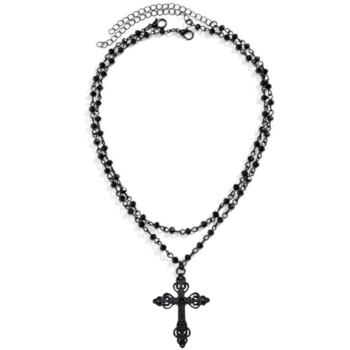 Gothic Bead Cross Necklace Layered Cross Choker Necklaces for Women Goth Cross Necklace Gothic Necklace Punk Black Cross Pendant Necklace Halloween Christmas New Year Goth Jewelry Gift for Women