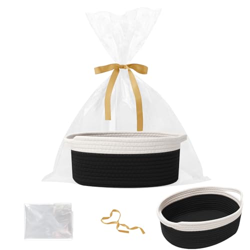 Image of Woven Rope Basket - Baby Gift Basket with Bag & Ribbon, White&Black
