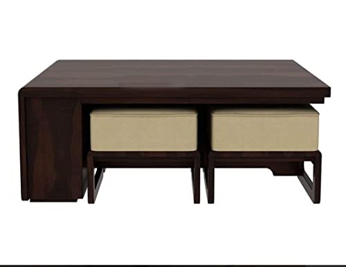 Image of Sheesham Wood Center Table for Living Room /Coffee Table with 4 Stools in Walnut Finish