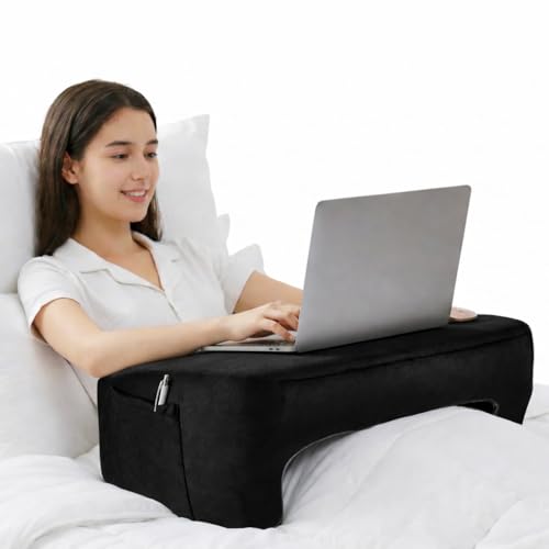 Image of Amazon Basics Memory Foam Lapdesk for Laptop, Ergonomic Laptop Table Pillow for Bed, Wrist Support & Side Pocket, Portable Lap Desk for Work from Home, Study & Travel - Black