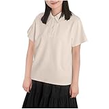 Womens Summer T-Shirts Casual Short Sleeves Turndown Collar Button Up Golf Shirts Solid Color Loose Comfy Versatile Top Beige