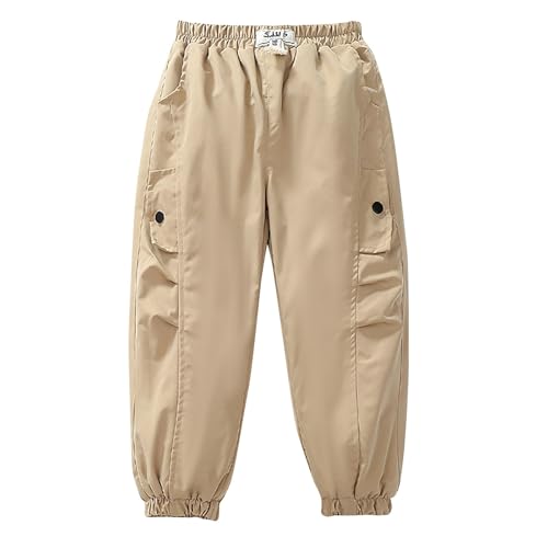 Cargo Pants for Boys Casual Solid Color Elastic Waist Fleece Trousers with Multi Pockets Soft Comfy Warm Pants 4-15Y2