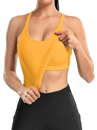 Image of ATTRACO Ribflex Ribbed Workout Crop Tops with Built in Bra for Women Yoga Racerback Tank Top Slim Fit