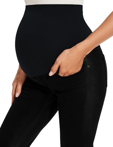 Image of GLAMIX Women's Stretch Maternity Bootcut Jeans with Pockets Over The Belly Bell Bottoms Flare Denim Pants Pregnancy Clothes