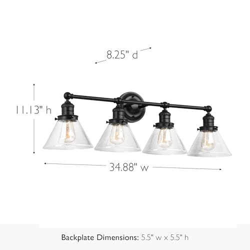 Image of Design House Augustin Vanity Light, 4-Light, Seeded Glass Warm Glow, Dimmable, Up /Down Glow, Easy Installation, E26 Socket, Black, 34.9 in L x 8.3 in D x 11.1 in H, 589044-BLK