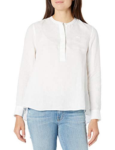 Lacoste Women's Long Sleeve Mandarin Collar Woven Shirt, White, 4
