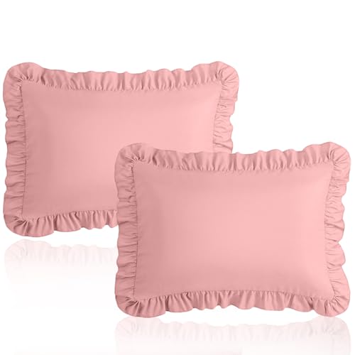 Image of 13 inchx18 inch Toddler Pillow Cases Set of 2, Pink | Ruffled Pillow Shams Brushed Microfiber Nursery Pillow Cover for Boys Girls, Soft Breathable Machine Washable