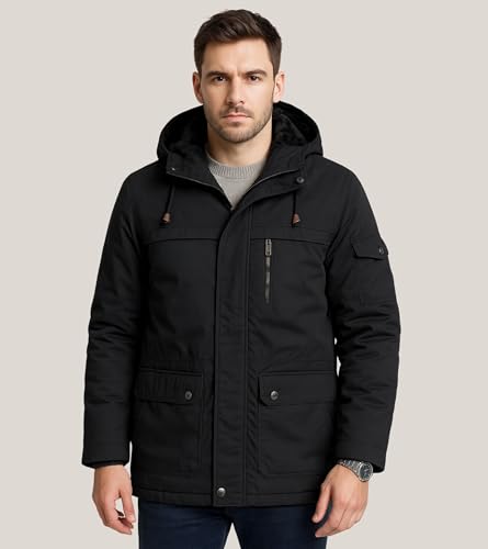 Image of L'MONTE Men's Imported Heavy-Duty Winter Jacket - 100% Cotton Coat with Fleece Lining, Detachable Hood & Multiple Pockets - Windproof, Warm, Stylish for Outdoor & Casual Winter Wear
