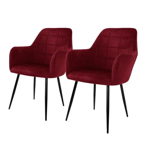 ECD Germany Lot de 2 Chaises de Salle à Manger Cuisine Salon Séjour Bordeaux Assise Siège Rembourrée en Velours Structure en Métal Fauteuil Rétro avec...