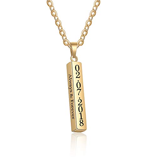 Personalized Engraved Necklace for Women Men Custom Stainless Steel Necklace Engraved Name Vertical Bar Necklace Birthday Gifts for Boyfriend (Gold)