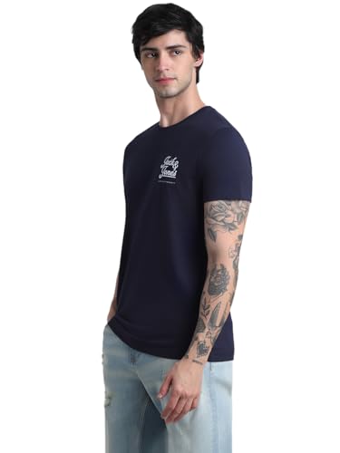 Image of Jack & Jones Men Pure Cotton Typography Printed Slim Fit T-Shirt
