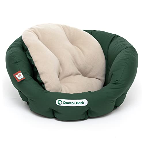 Doctor Bark - Hundebett rund - kuscheliger Hundekorb kleine Hunde mit orthopädischem Wendekissen und ToyBone - Waschbar bis 95°C - Made in Germany (S - 40x35 cm, Grün/Beige)