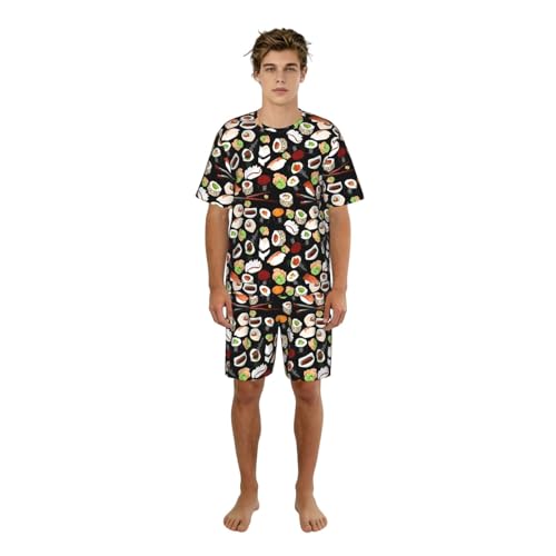 Pijama de sushi negro de dos piezas ropa de dormir suave masculina con pantalón corto con bolsillos