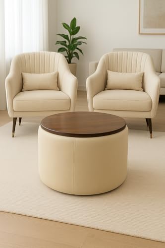 Image of Elegent Round Coffee Table with Wooden Top, Storage Ottoman Tables for Living Room, Centre Tables, Tea Tables, Farmhouse, Wood Drum Coffee Table (Cream)