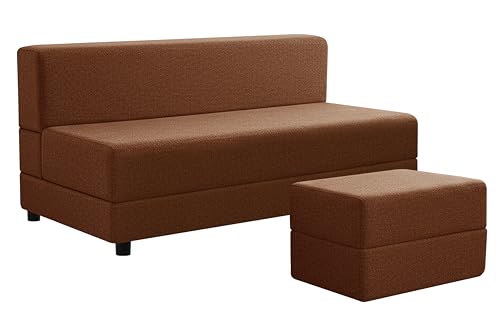 Image of 5X6-Feet Leg Sofa Cum Bed with Ottoman | Jute Fabric 3 Seater Convertible Sofa Bed | Modern Space Saving Furniture for Living Room | Brown