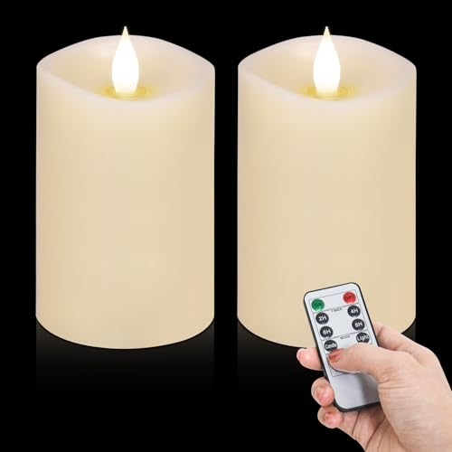 Image of 2PCS, 3 x 5 inches Flameless Candle with Remote Control, 3D Flickering Wick, Real Wax,with Timer,Battery Operated Candles,for Holiday Home Decor,Ivory