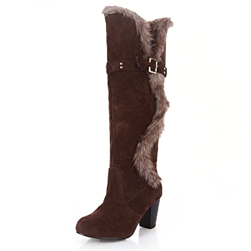 Women's Winter Warm Furry Knee High Snow Boots Tall Pull On High Heel Fur Lined Wide Calf Snow Boot2