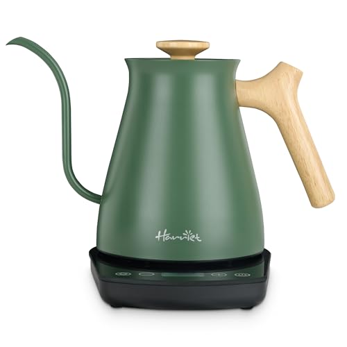 Harriet Gooseneck Electric Kettle with Temperature Control & Bult-in Timer - 1200W Fast Heating, 0.8 Liter, Wood Handle, Stainless Steel Electric Water Kettle for Pour Over Coffee and Tea, Green