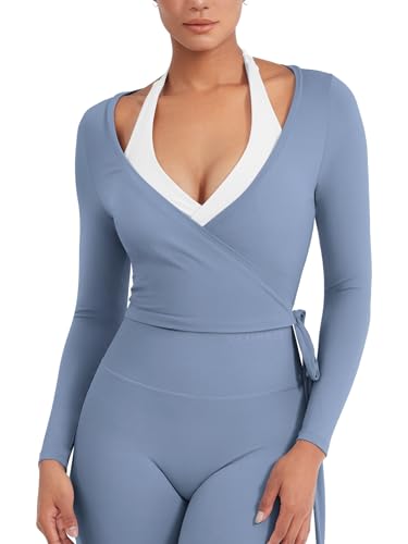 YEOREO Women Pilates Wrap Top Long Sleeve Tie Ballet Workout Yoga Shirt Michelie Y2K V Neck Cropped Tops Granite Blue XL