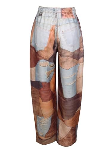 Faux Denim Printed Pants for Women Baggy Y2K Faux Denim Jeans Wide Leg Ripped Elastic Waist Pants Casual Streetwear3