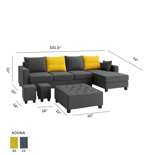 Image of CASASTYLE Texon 8 Seater Fabric RHS L Shape Sofa Set with 1 Centre Table & 2 Puffy (Yellow-Dark Grey) Velvet Finish | Comfortable Sectional Sofa for Living Room
