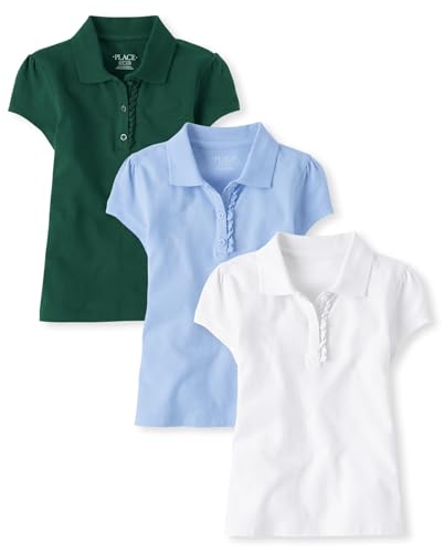The Children's Place,Girls,Multipack Short Sleeve Ruffle Pique Polos,Spruceshad/Daybreak/White 3-Pack,Small