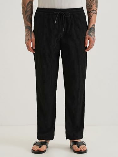 Image of Banana Club Deep Black Corduroy Pant - Regular Fit, Solid, Corduroy Casual Trousers with Textured Fabric, Comfortable Fit