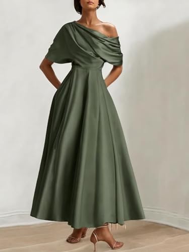 Satin Tea Length Mother of The Bride Dresses One Shoulder A Line Bridesmaid Dress2