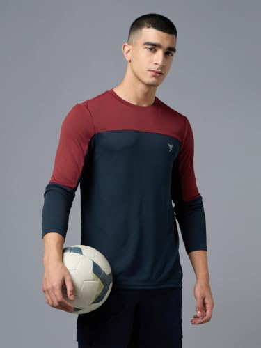 Image of TECHNOSPORT Men's Colourblock Slim Fit Round Neck T-Shirt TECHNOCOOL+ Half Sleeve Slip On Polyester for Gym Running Workout UPF50+ Anti Odour