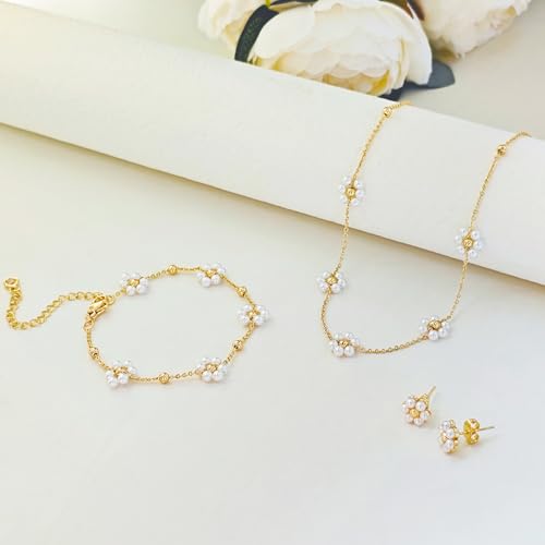Image of Zeffy Gold Pearl Necklace for Women, Dainty 14K Gold /Silve Plated Layered Pearl Choker Pearl Earrings Pearl Bracelets Wedding Trendy Gold Jewelry Set for Women Gifts