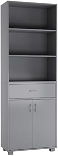 URBNLIVING 5 Tier Wooden Free Standing Tall Display Cabinet Bookcase Unit Wide Open Shelves Drawer Storage (Grey)