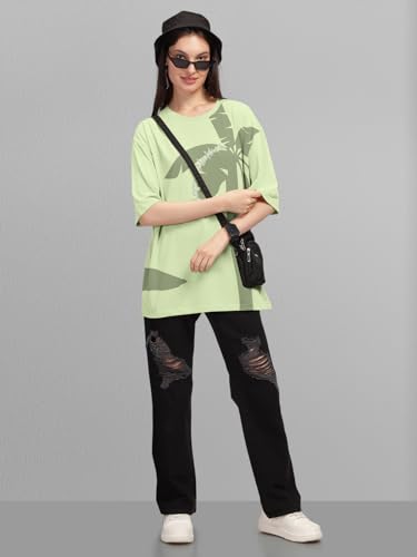 Image of HELLCAT Beige Trendy Printed Oversized T-Shirt for Women