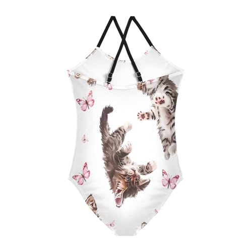 Cute Cats Butterflies White Girls 1 Piece Swimsuit, Beach Swimsuit, Summer Swimsuits Girls 3-10T with Adjustable Shoulder Strap2