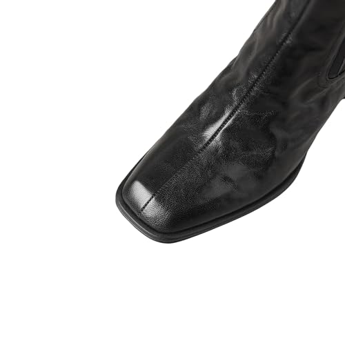 TinaCus Women's Square Toe Handmade Back Zipper Mid Chunky Heels Ruched Genuine Leather Ankle Boots2