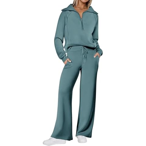 REORIA Women Cotton Zippered Lapel Tracksuit Set Long Sleeve Two Piece Outfit Lounge Wear Sets Solid Color Co Ord Sets Grey Green XXL Cover