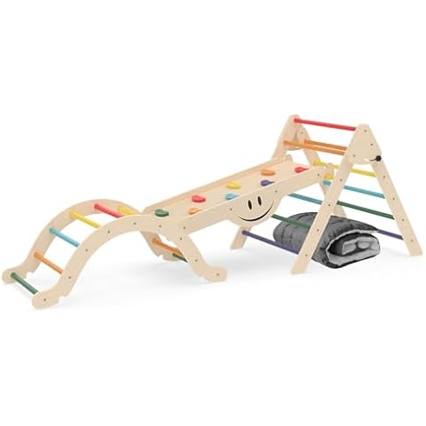 BIERUM 8 in 1 Montessori Pikler Triangle Set with Soft Cushion, Foldable Toddler Climbing Toys with Ramp for Sliding or Climbing, Wooden Jungle Gym, Indoor Playground for Toddlers and Kids, Rainbow Cover