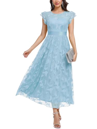 Image of Women's Casual Tulle Midi Dress Ruffle Sleeve Crewneck Lace Flowy Dresses Party Wedding Guest Sundress