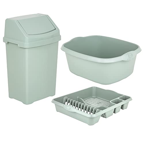 3 X 50L Swing Bin with Large Dish Drainer & Rectangular Washing Up Bowl Multi-Purpose Drying Rack & Waste Bin for Home Office Kitchen Plastic Storage & Cleaning Accessories (Silver Sage)