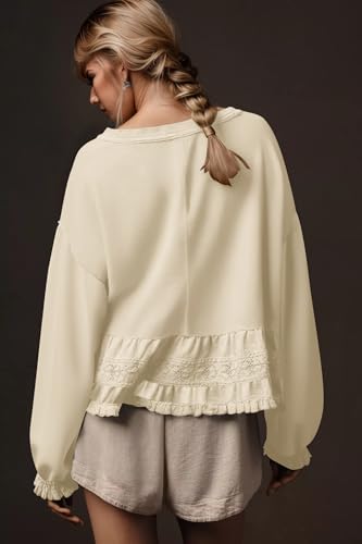 Crew Neck Crop Oversized Sweatshirts For Women Casual Long Puff Sleeve Babydoll Tops Loose Lace Patchwork Peplum Top2