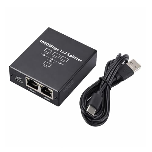 Image of Ethernet Splitter 1 to 3 Gigabit 1000Mbps - RJ45 LAN Network Adapter Hub with USB-C Power, Cat8 /Cat7 /Cat6 /Cat5e Compatible - Plug & Play Internet Cable Splitter for 3 Devices, Black ETHSP-1B3