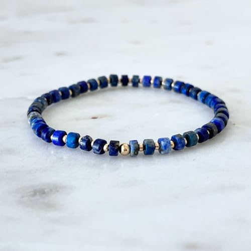 Luck Strings Lapis Lazuli 14k Solid Gold Beaded Bracelet - Stretch Cord - Unisex Jewelry for Men and Women 6