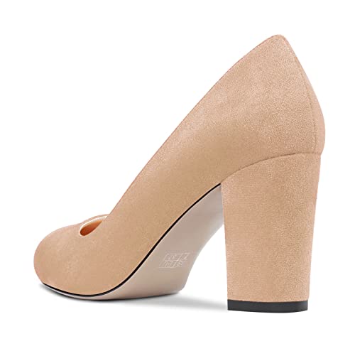 HEUIVZAR Women Pumps Round Toe Block Chunky Mid Heel Slip-on Dress Shoes Suede 3 Inch3