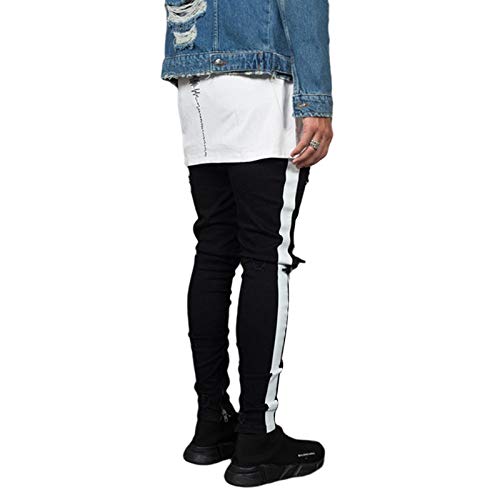 FUOE Men's Casual Slim Fit Denim Jeans Ripped Skinny Distressed Destroyed Side Striped Zipper Holes Pants Jeans2