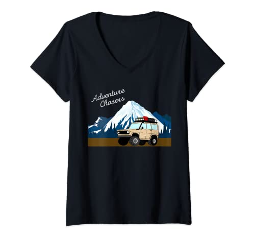 Mujer Exploración Oficial Aventura Chasers Montaña Overland Camiseta Cuello V