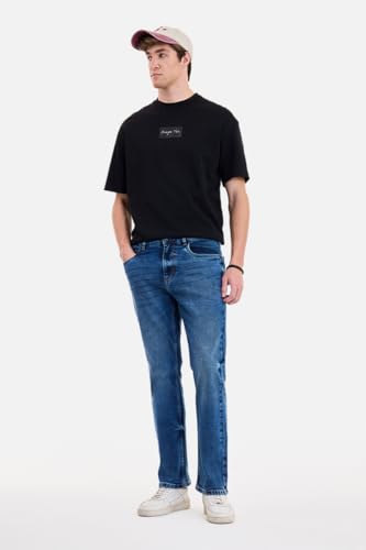 Image of SNITCH Men Casual Jeans | Straight Fit Mid Rise Solid Washed Pattern | Durable Cotton Blend & Stretchable Denim Fabric, Work & Social Outings
