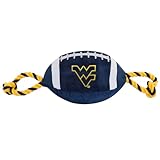 NCAA West Virginia Mountaineers Nylon Football Dog Toy, Tough Quality Nylon Materials, Strong Pull Ropes, Inner Squeaker, Collegiate Team Color